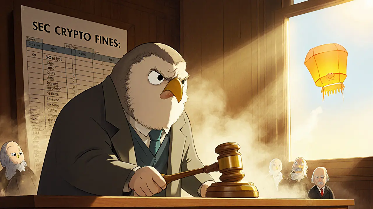 Gary Gensler as an owl-like figure placing a gavel as crypto fines fade into smoke under a rising sun.