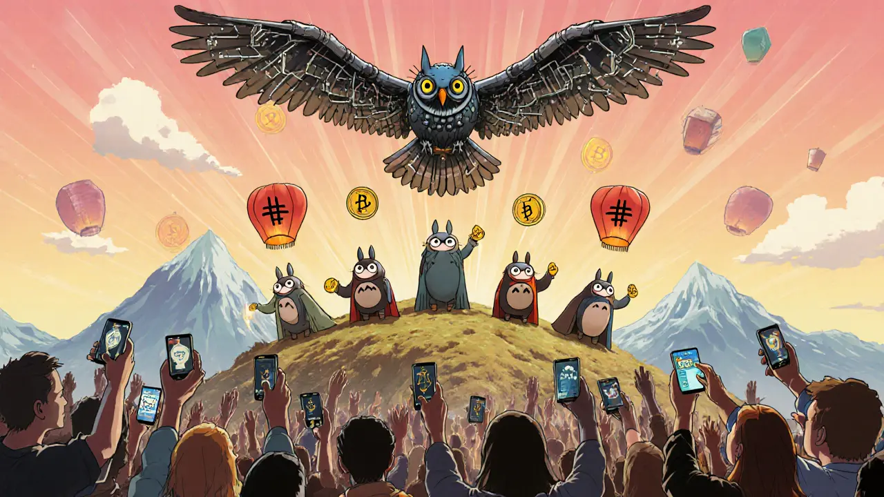 Inventors launching new tokens as lanterns into the sky, with a mechanical owl above.