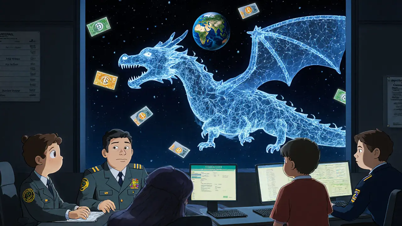 Officers in a futuristic INTERPOL center watch flowing blockchain maps as a dragon made of Bitcoin chains flies over Earth.