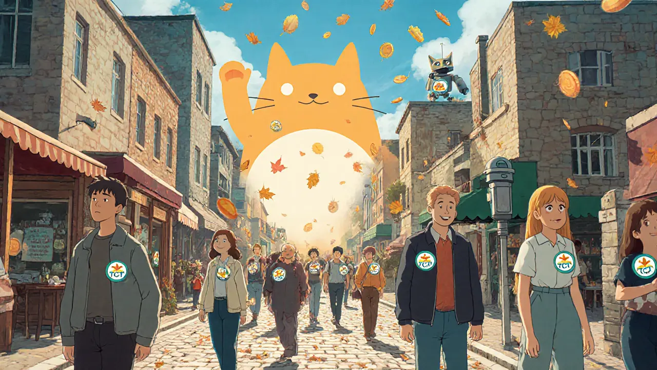 People walking down a street as taco-cat tokens fall like leaves from the sky.