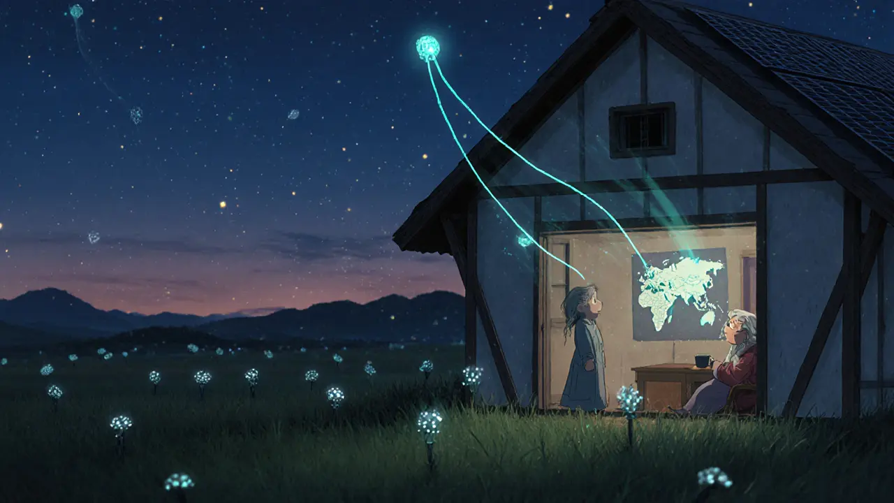Solar-powered DePIN nodes in a rural yard emit bioluminescent data streams, connecting to distant cities under a twilight sky.