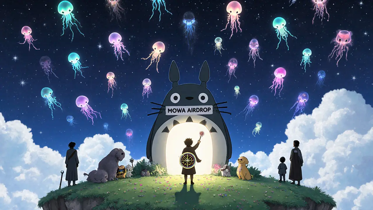 Thousands of tiny pet NFTs drift through the sky above a floating island, as a figure stands beneath a glowing compass pointing to an airdrop portal.