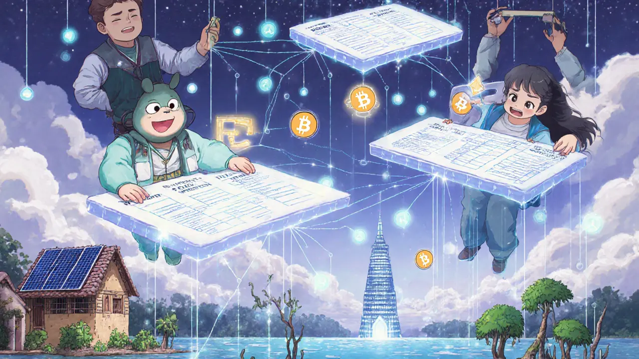 Traders in the clouds exchange digital carbon tokens above animated projects like solar panels and cookstoves.