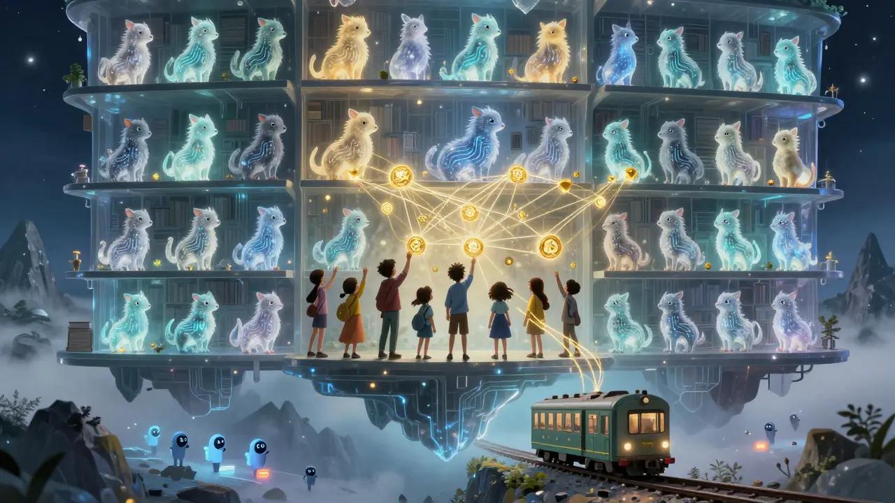 420 glowing AURA NFTs float in a crystal library as golden ADX threads connect users under a starlit blockchain sky.