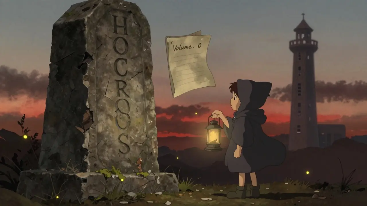 A child stands before a crumbling monument marked 'HOTCROSS', holding a lantern as a blank ledger floats nearby.
