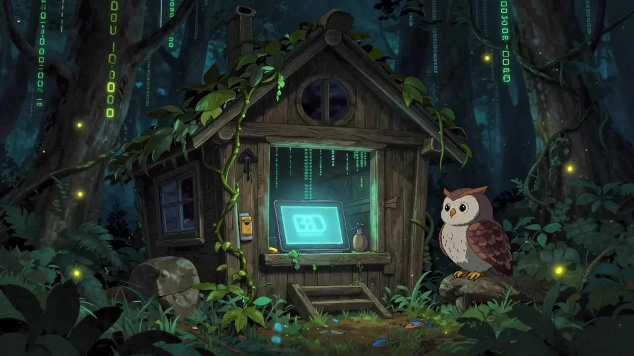 A dark cabin with a blank DBD screen sits in a forest of digital vines, watched by a silent robot owl.