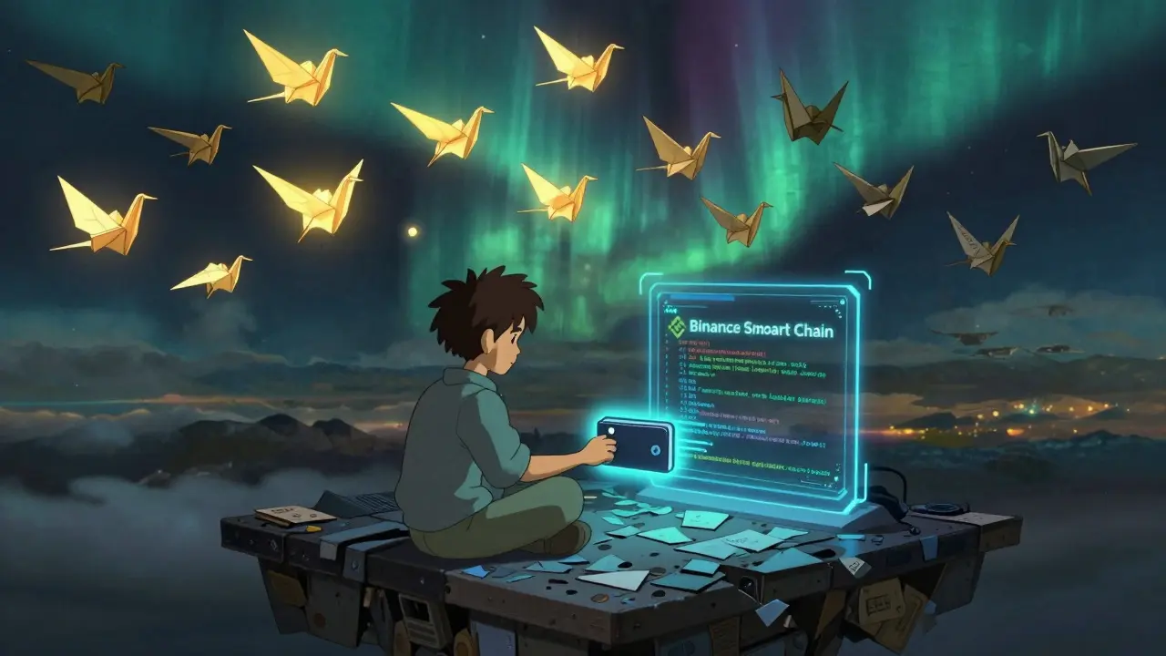 A developer connecting a wallet to a BSC portal, with SLD tokens as paper cranes flying into a fading aurora.