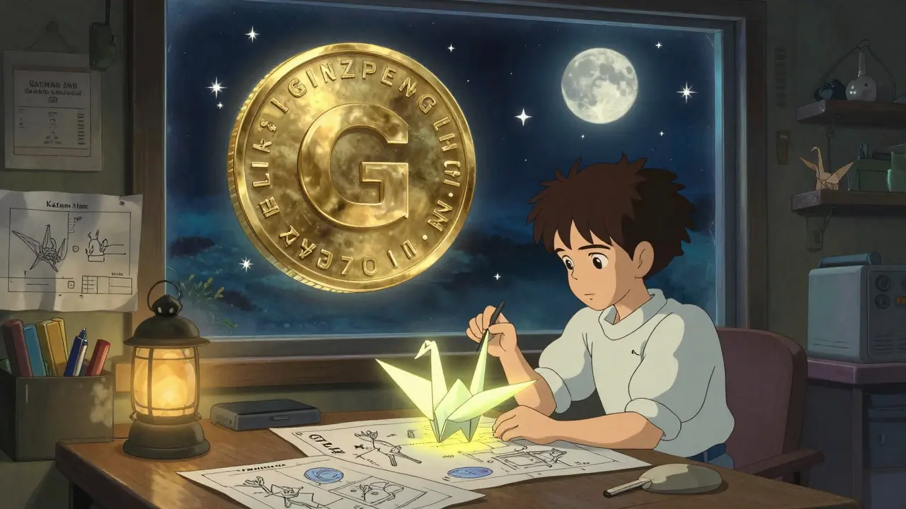 A developer crafts a game engine shaped like a crane, as a pulsing GZONE token glows in the night sky above.