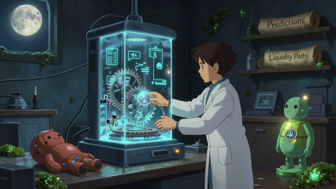 A developer places an ORAIX token into a crystal machine, surrounded by glowing test equations and dormant AI models in a moonlit lab.