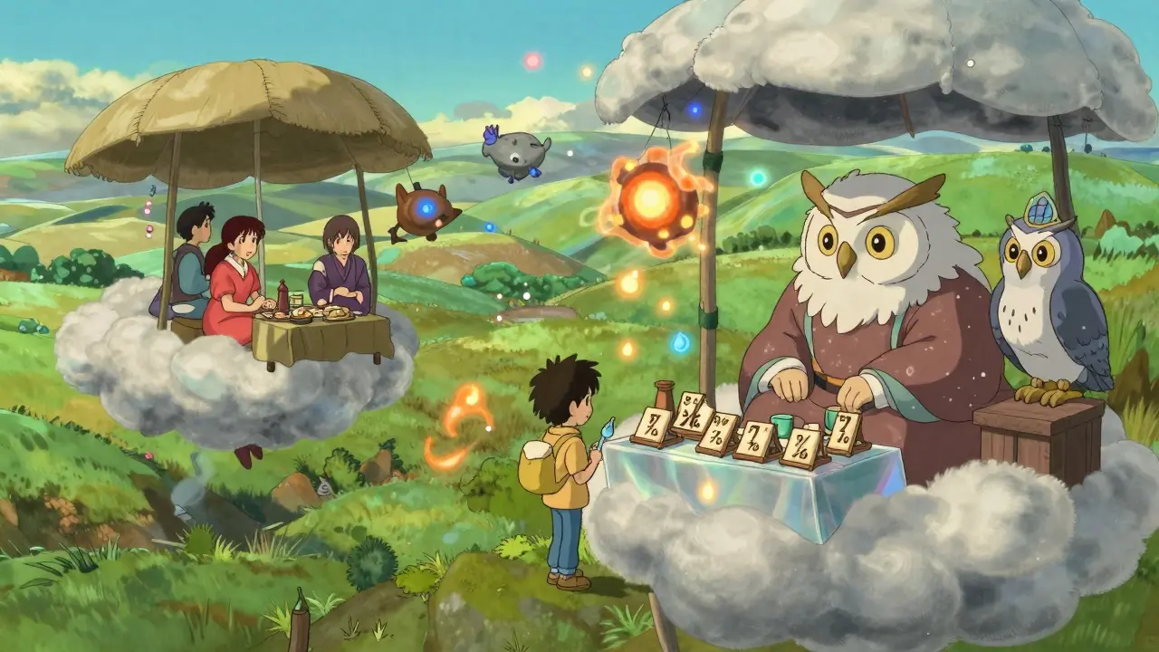 A floating marketplace glows with NFT trades, while tax particles turn into staking rewards for holders on cloud benches.