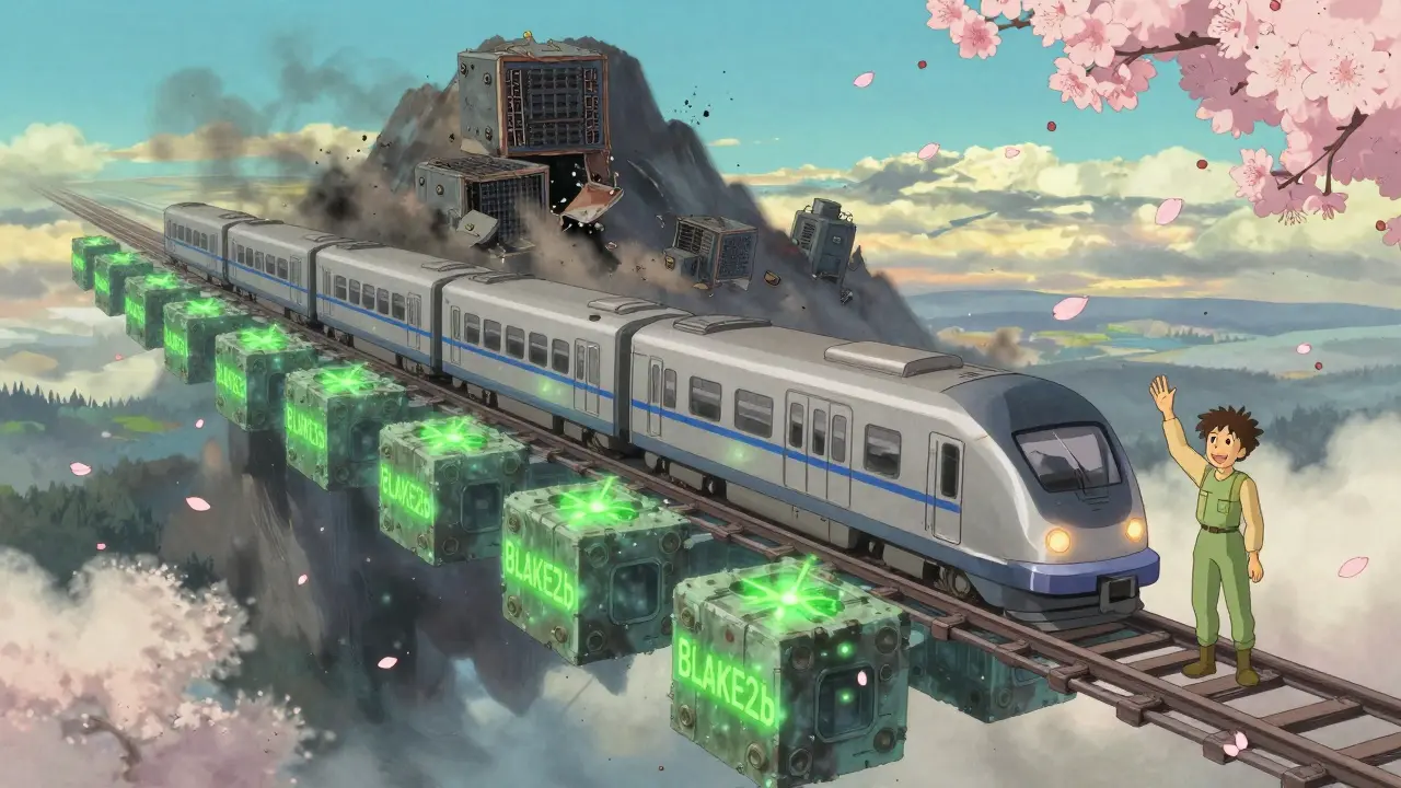 A floating train on a blockchain bridge, with green BLAKE2b sparks and crumbling ASICs in the background.