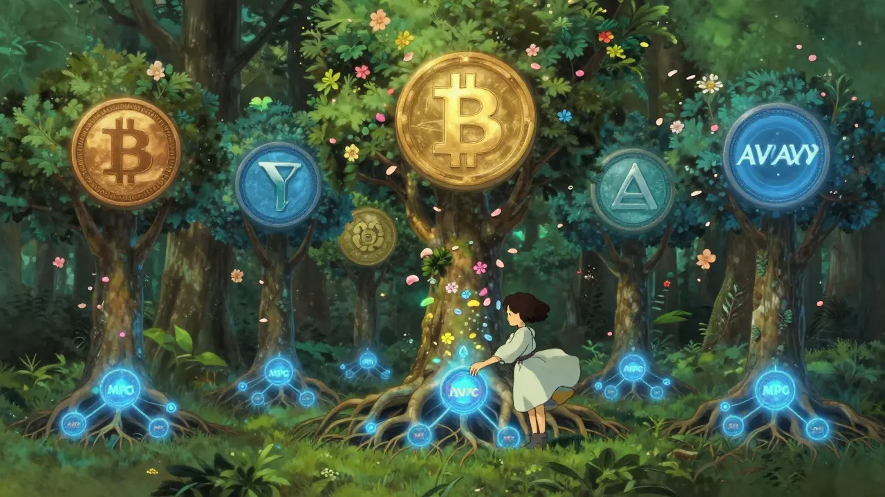 A forest with interconnected tree-roots glowing blue, where a girl places an NFT into a root, causing digital flowers to bloom.