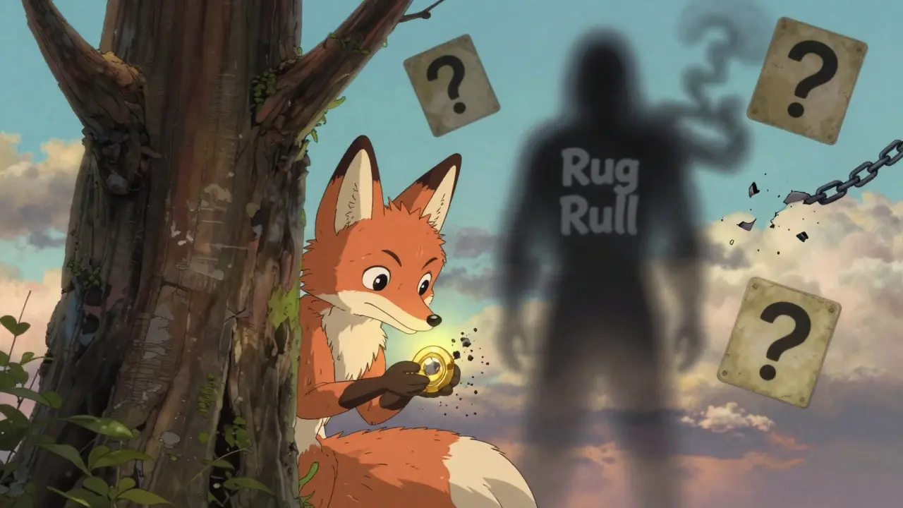 A fox spirit watches a GEM token crumble to ash as a shadowy figure vanishes.