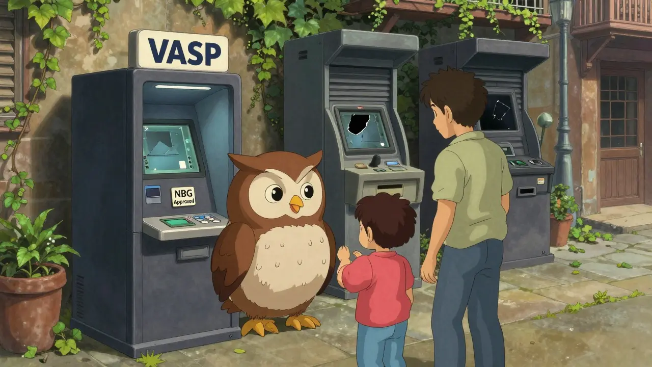 A friendly owl guides a family at an approved crypto kiosk, while abandoned ATMs fade into the background.