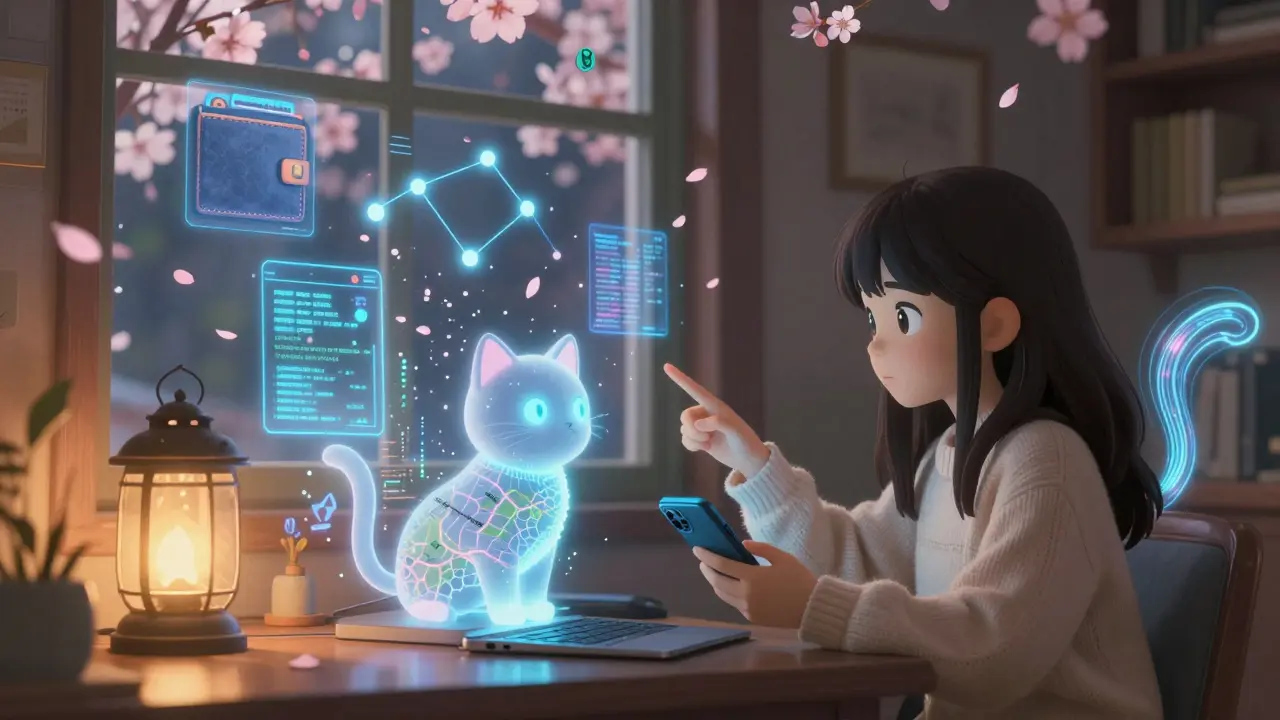 A girl connects her wallet to a cat-like AI assistant named AURA, surrounded by floating crypto data in a cozy, lantern-lit room.