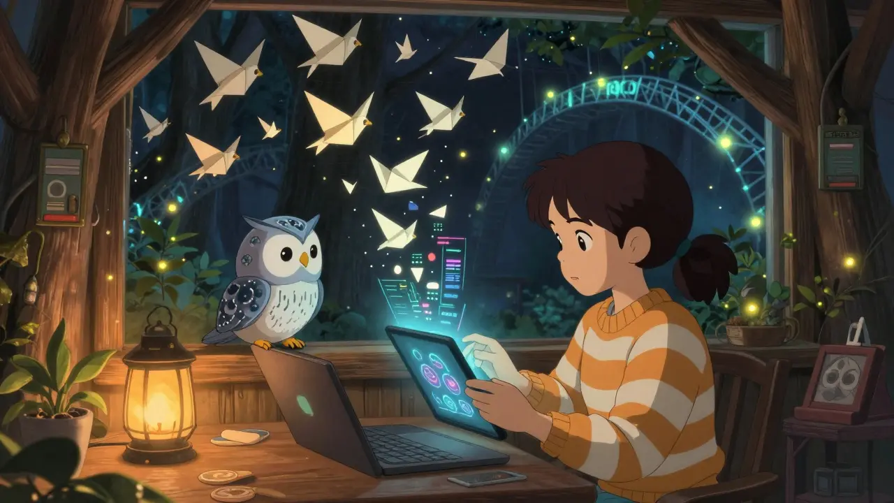 A girl in a treehouse trading tokens as a robot owl projects origami data birds, with IBC bridges glowing like fireflies outside.