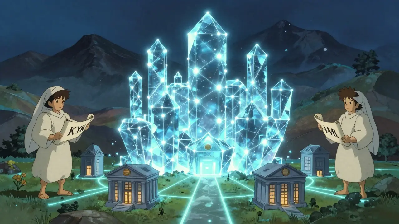 A glowing digital fortress hovers over mountains, connected to banks by light paths, symbolizing regulated crypto integration.