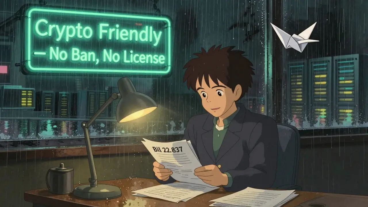 A lawyer reviews crypto regulations as a paper crane made of blockchain diagrams flies above her.