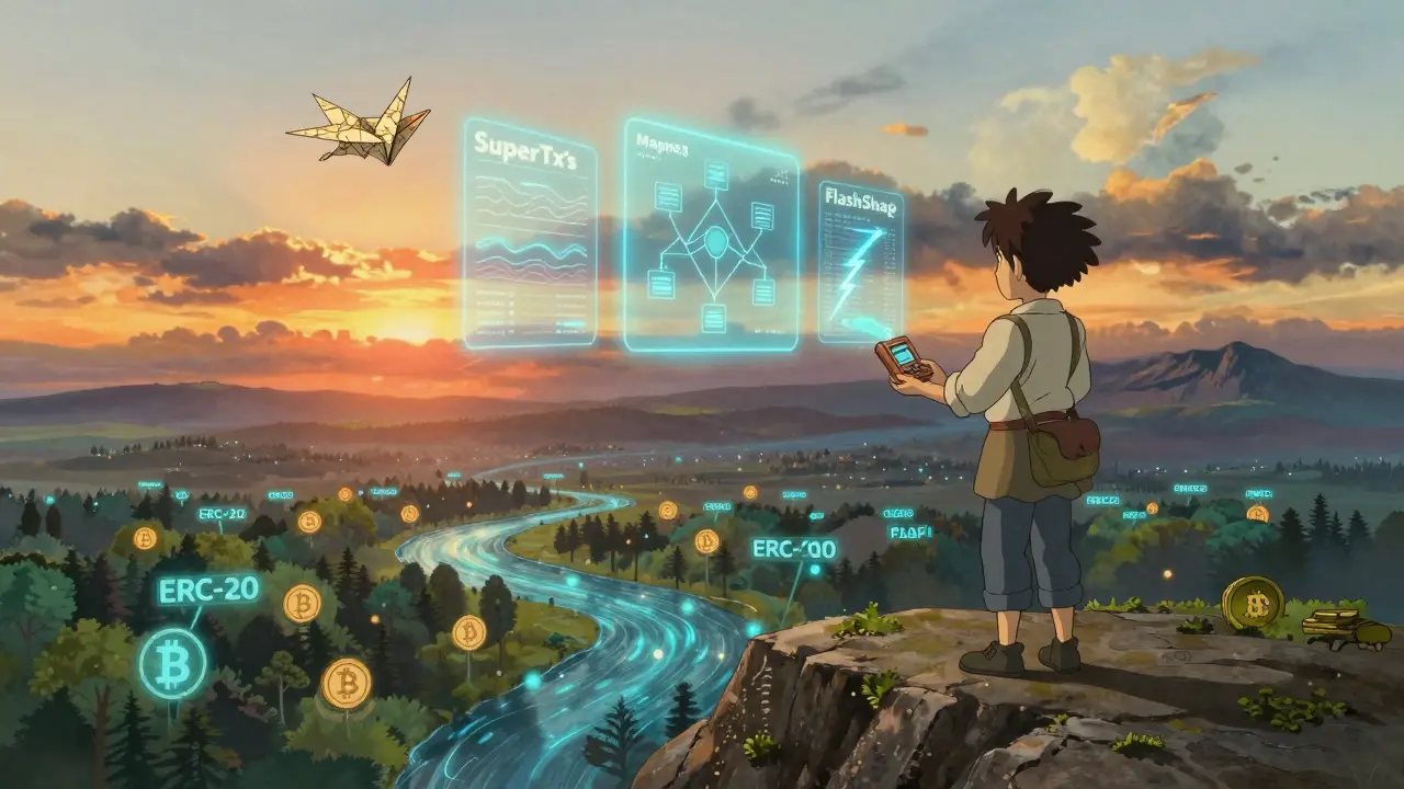 A lone trader at sunset releases a blockchain paper crane into the horizon, surrounded by digital nature.