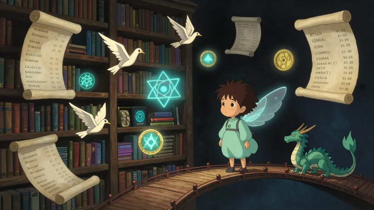 A magical library where code cranes carry Cosmos tokens between glowing blockchain shelves.