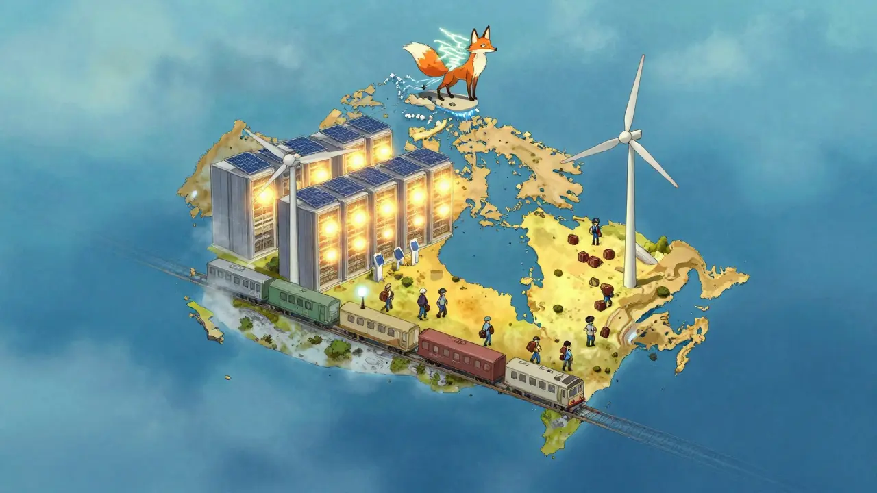 A magical map of Canada showing New Brunswick blocked by a blue barrier while Alberta shines with clean energy.