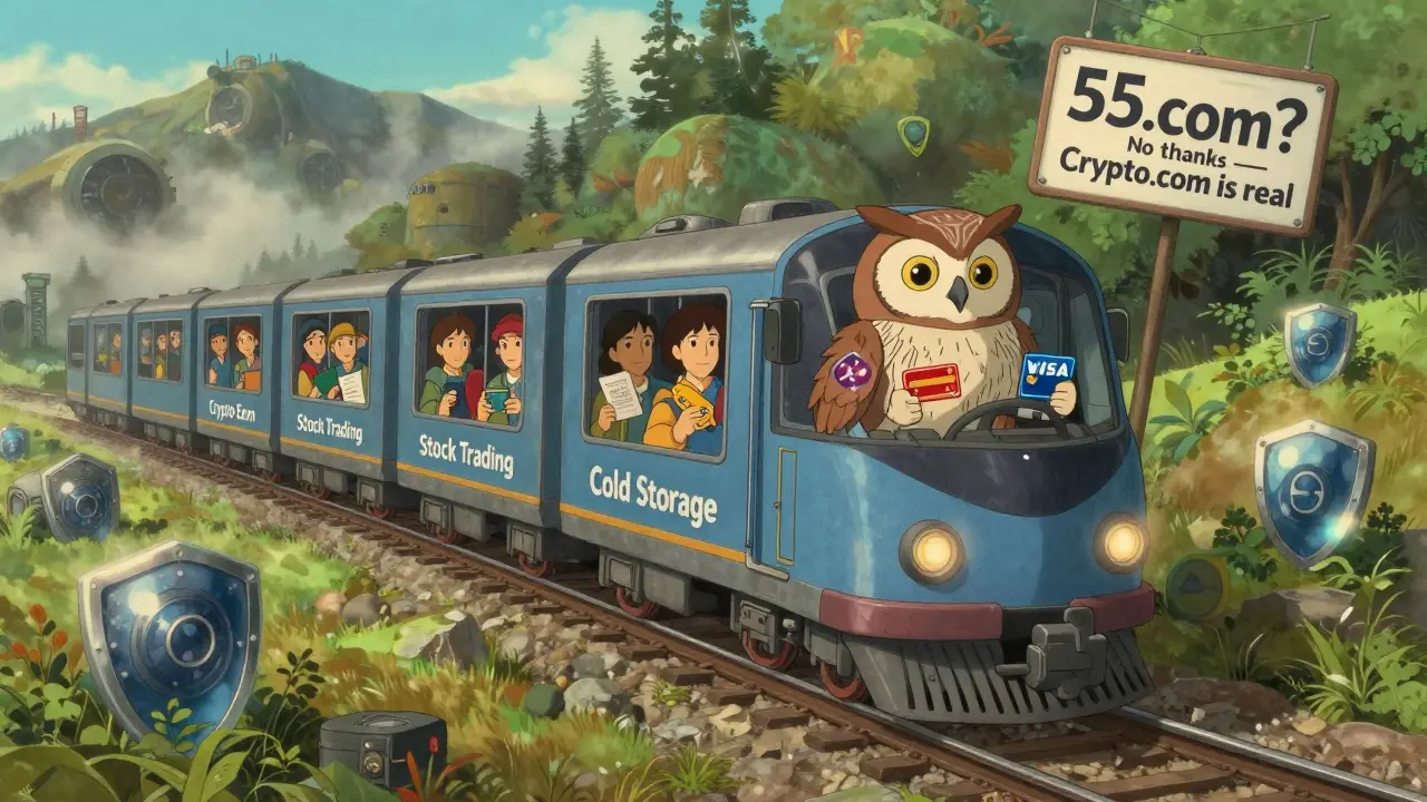 A magical train named Crypto.com travels through mountains, guided by an owl, past a warning against 55.com.