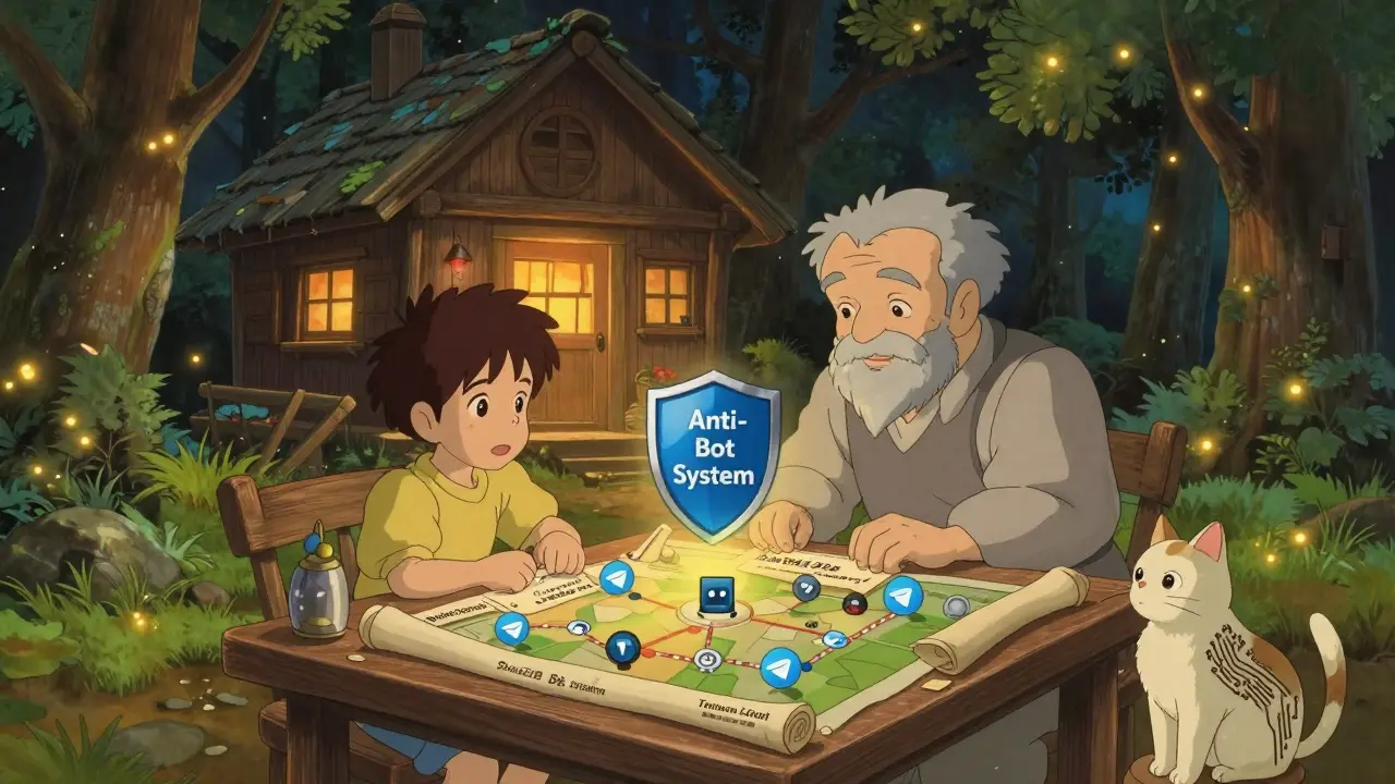 A mentor and child study crypto tasks at a wooden table, guarded by a cat with circuit fur and repelling bots.