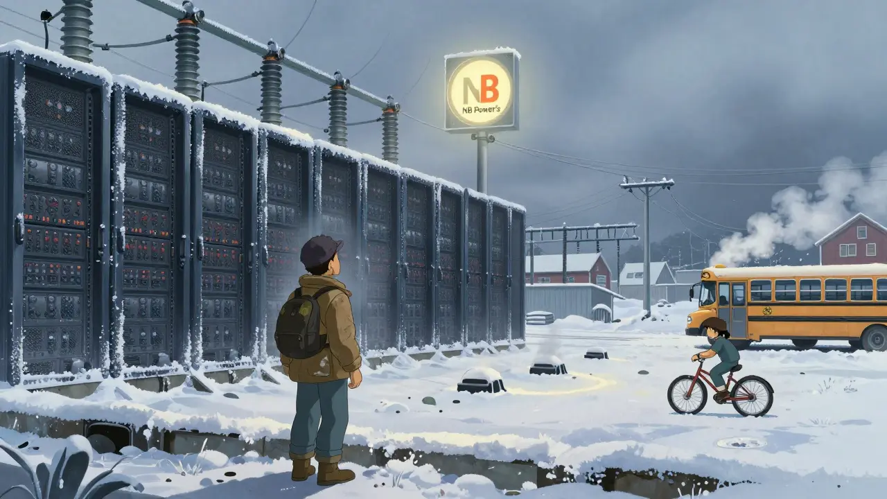 A miner stands beside a silent server farm as a child rides past on a bicycle in winter.
