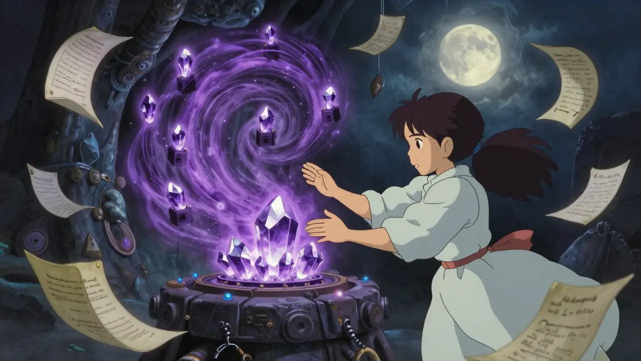 A mystical forge where spirits crush crystals into violet hash vortexes, guided by a girl in flowing robes.