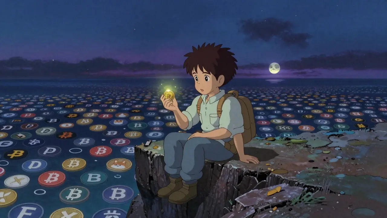 A novice sits on a cliff as a fading baby-shaped moon disappears over a sea of crypto logos.