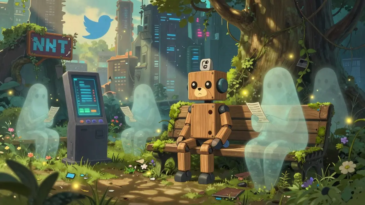 A robot with a GDOGE head sits beside a silent crypto terminal, surrounded by ghostly users.