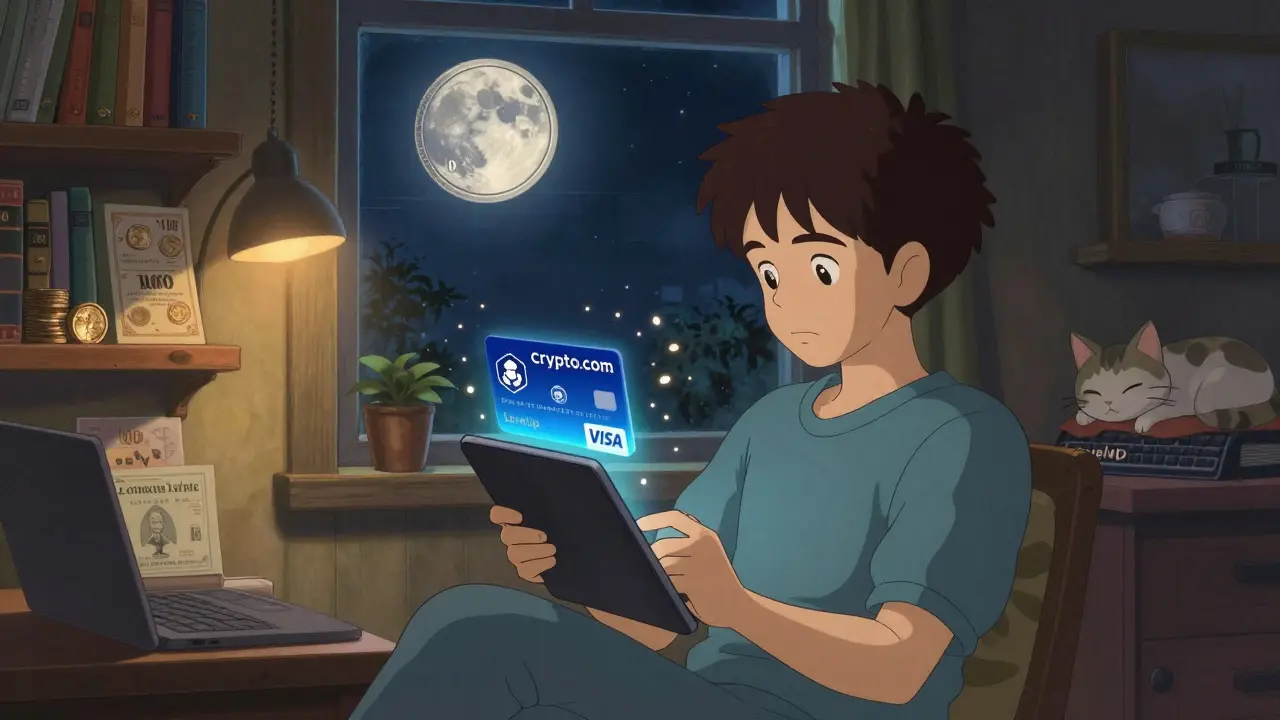 A teen uses a tablet to spend crypto on coffee, with a CRO moon shining outside, in cozy Ghibli-style interior.
