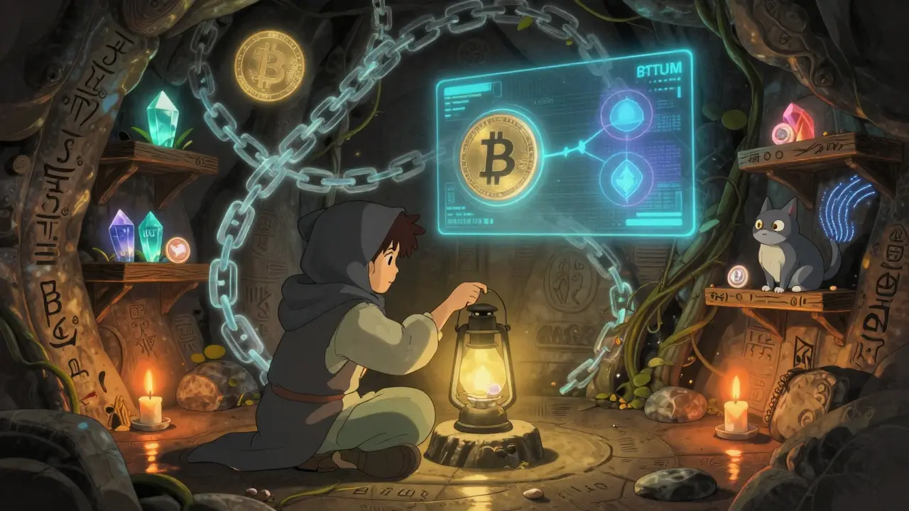 A trader swaps Bitcoin for ETH in a rune-lined chamber with glowing tokens and a curious spirit cat.