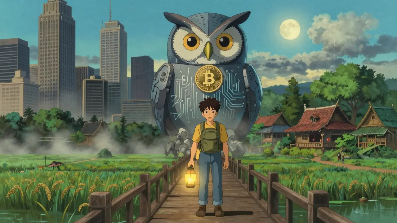 A traveler on a bridge between two worlds, holding a glowing BXT token as a mechanical owl watches.