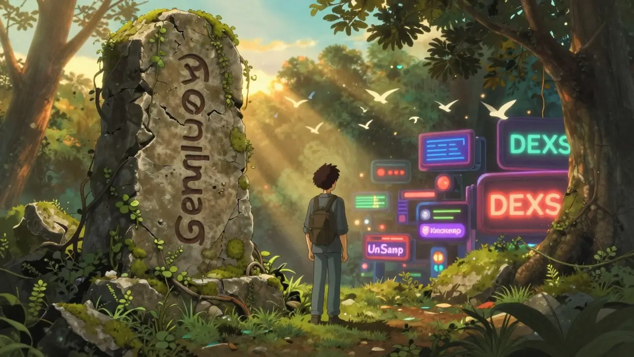 A traveler standing before a ruined GemSwap monument as other DEXs glow warmly in the distance.