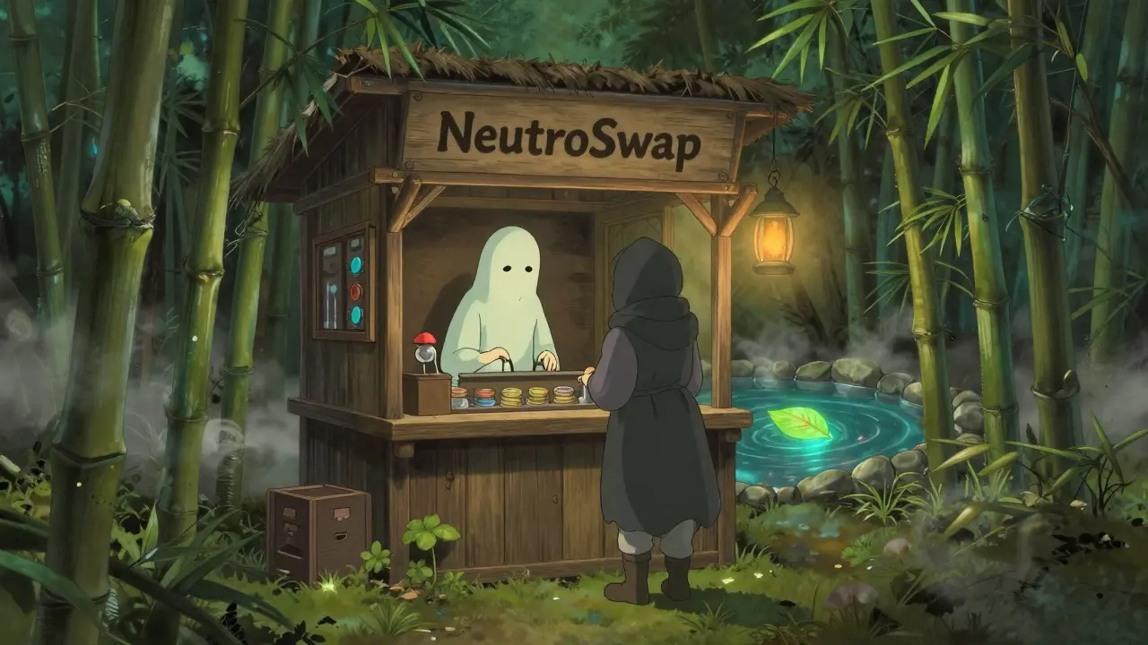 A traveler stands before a tiny wooden booth labeled NeutroSwap, surrounded by mist and a shimmering pool reflecting only NEUTRO leaves.