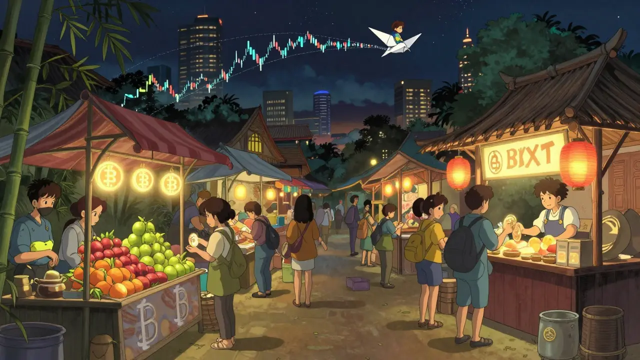 A vibrant night market in Southeast Asia where people trade glowing BXT tokens at a traditional stall.