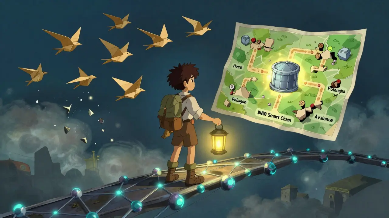 A young explorer stands on a blockchain bridge, choosing the correct path to a glowing token vault while other paths crumble into ruins.