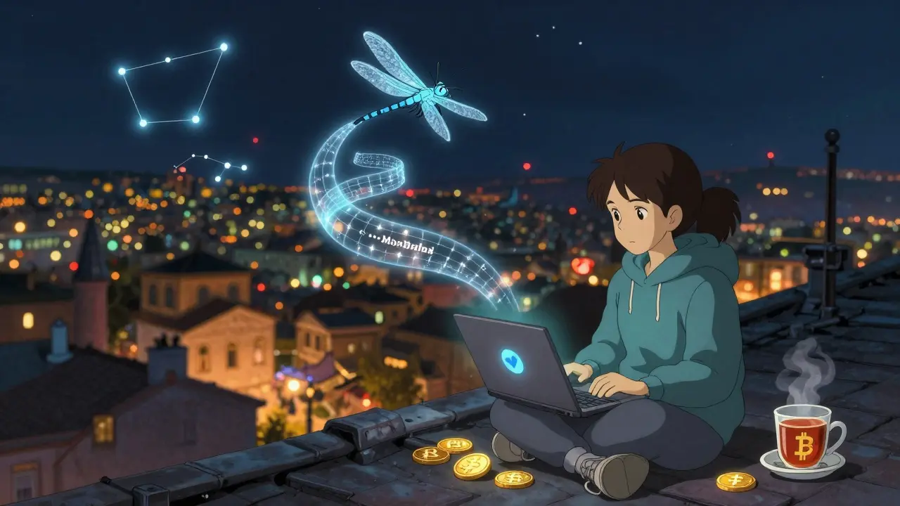 A young woman on a rooftop using a laptop to access decentralized crypto exchanges, with a glowing VPN dragonfly connecting to star-like blockchain nodes.