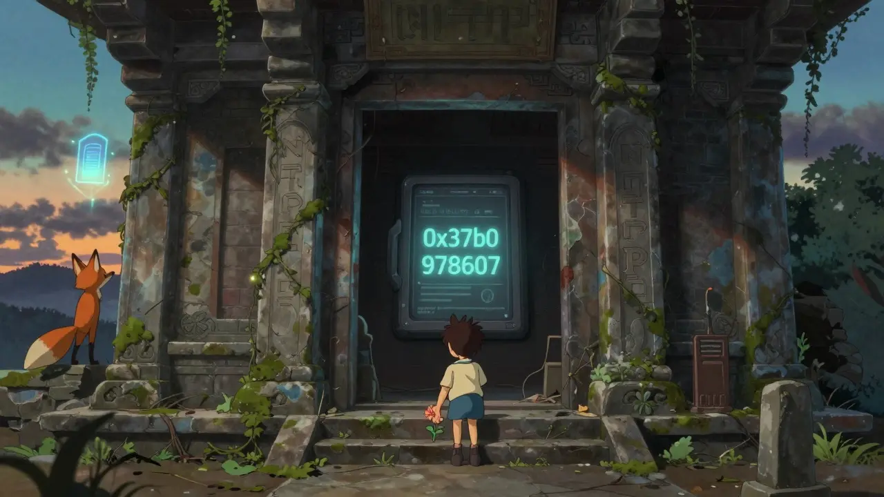 An abandoned digital temple with a faintly glowing contract address, watched by a fox spirit as a fake airdrop hologram fades away.