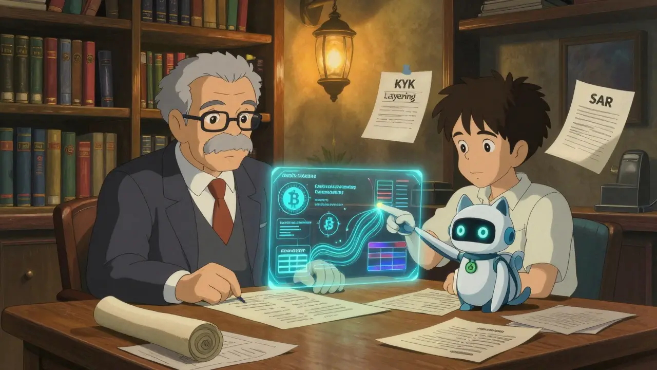 An elderly banker and young expert analyzing crypto transaction patterns with holograms and a robot cat.