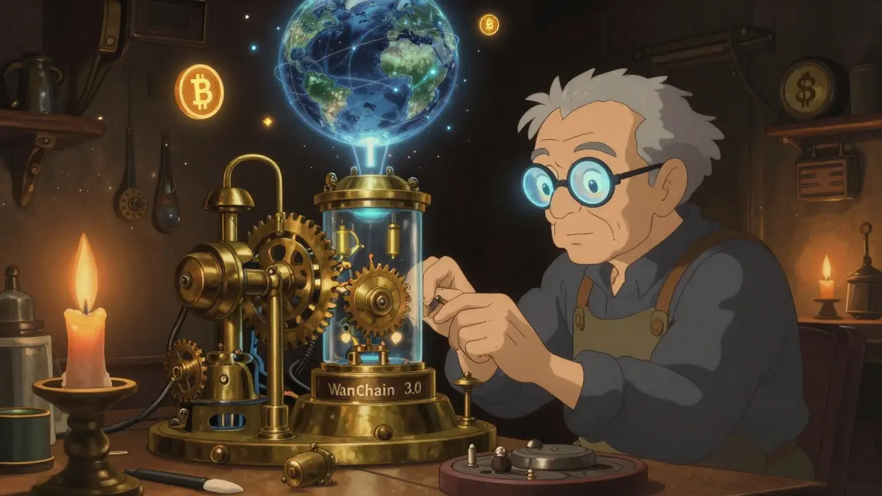 An elderly engineer in a candlelit workshop adjusts a brass machine linking distant worlds with floating crypto symbols.