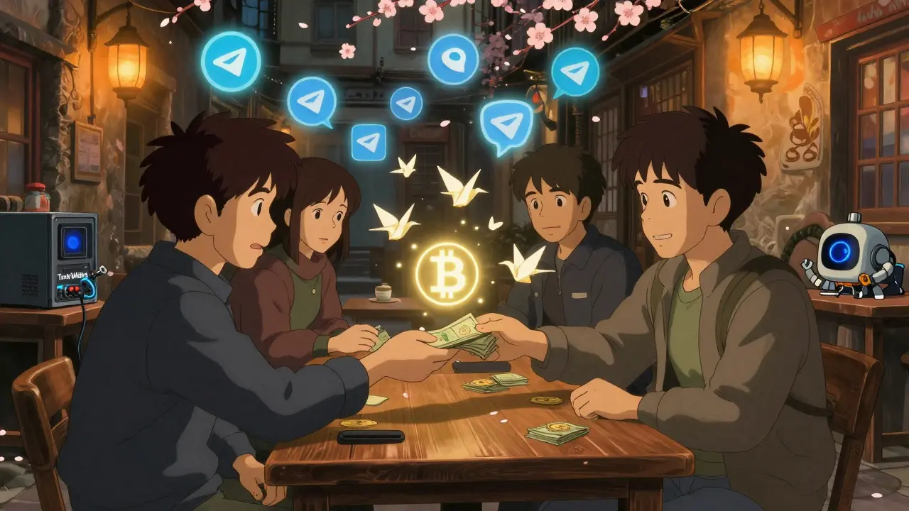 Crypto traders exchanging cash for digital tokens in a lantern-lit alley, with paper crane-like Bitcoin symbols and floating Telegram alerts in the air.