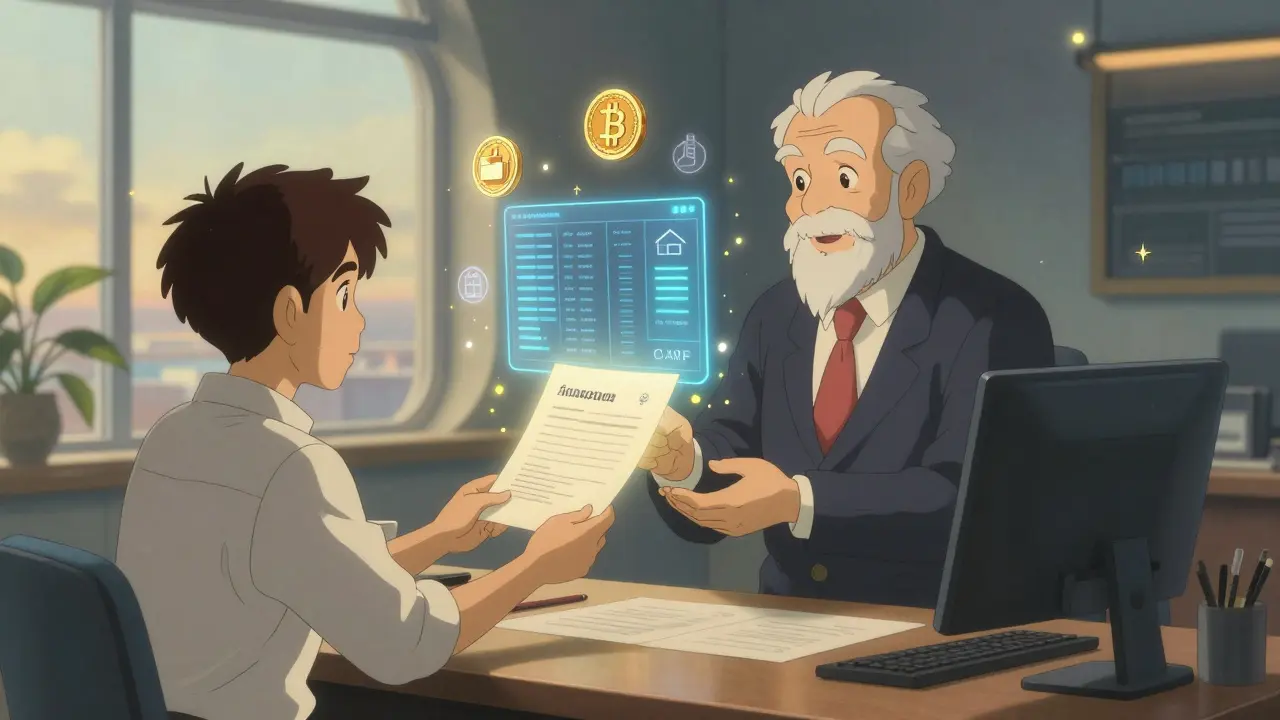 Entrepreneur handing a glowing document to a regulator in a crypto office with digital ledgers floating nearby.