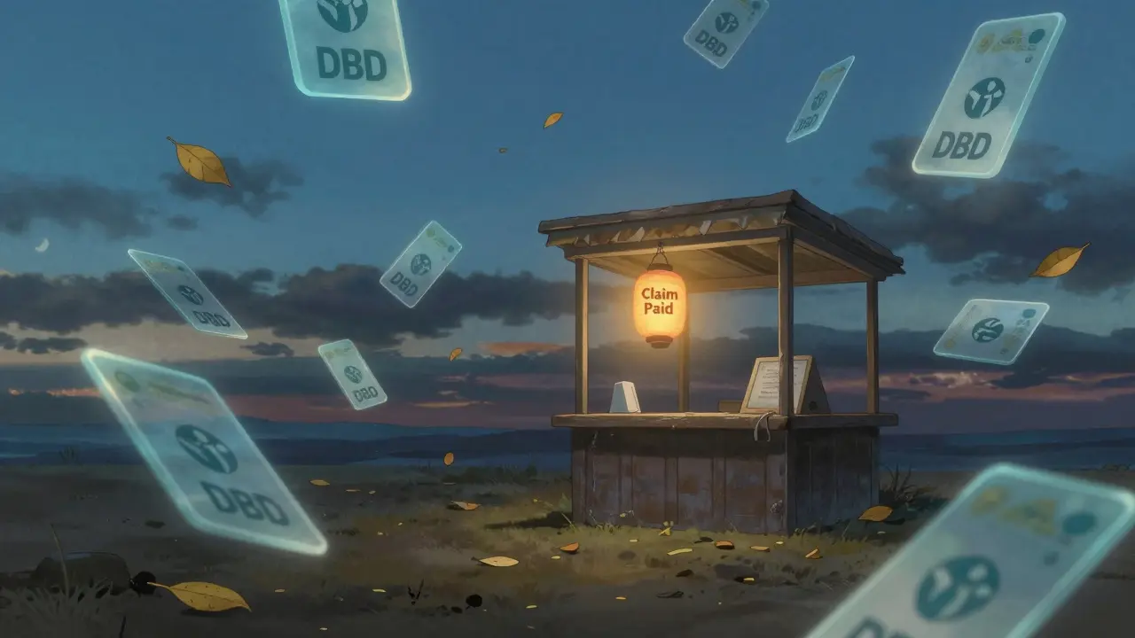 Floating NFT insurance cards drift uselessly in an empty digital marketplace under twilight skies.