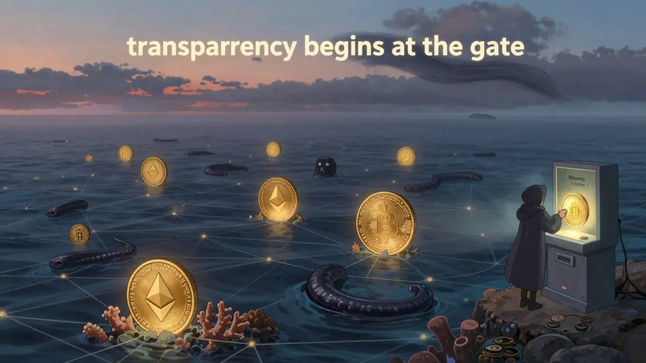 Public blockchains glow like coral reefs while privacy coins hide in shadows beneath a misty ocean.