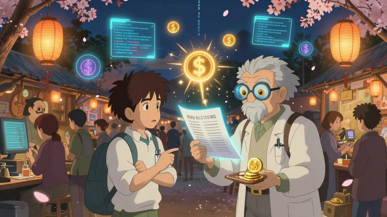 Researchers in a magical digital marketplace exchanging glowing reports under code lanterns.