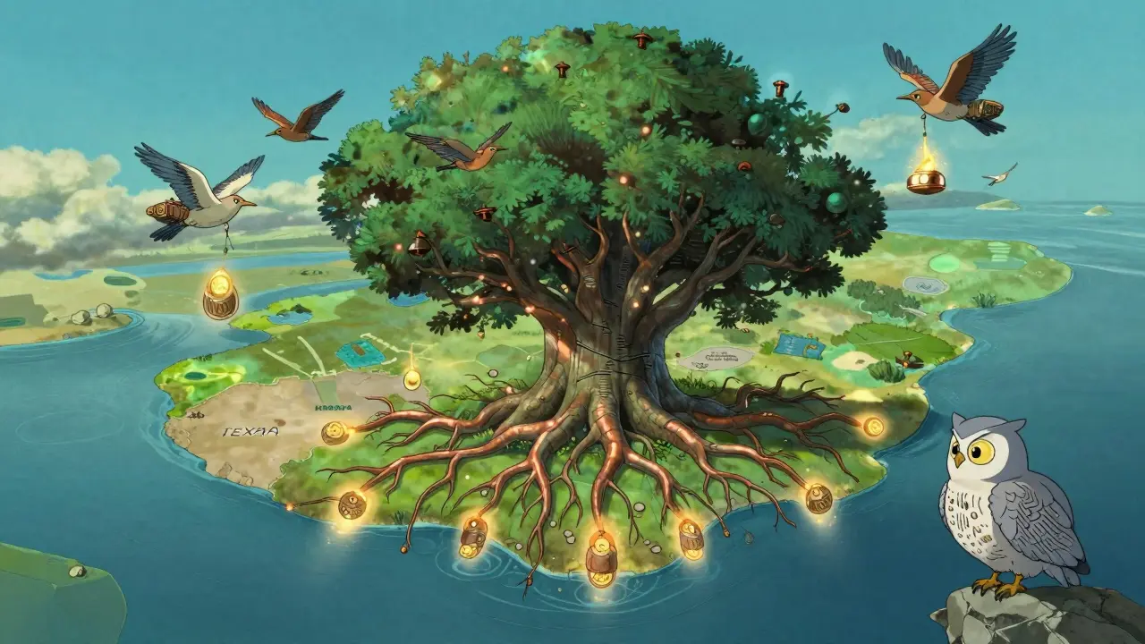 Silicon tree with roots across continents, birds shaped like miners flying above, watched by a circuit-patterned owl spirit.