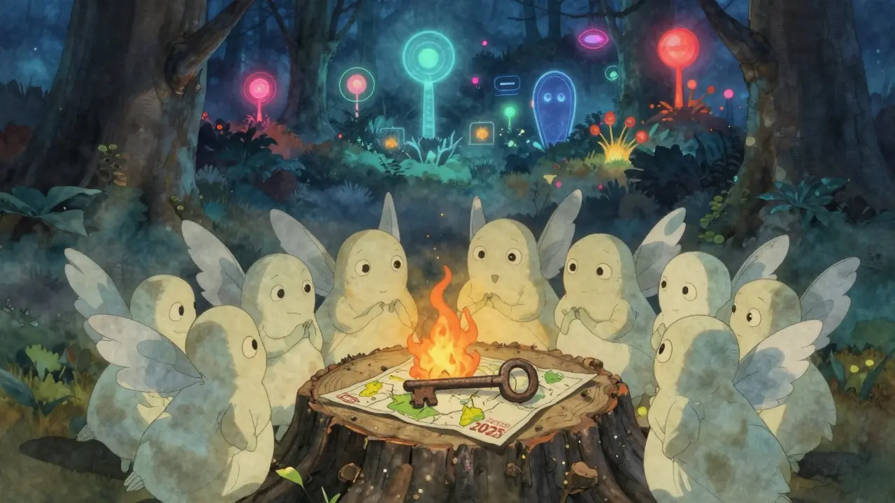 Spirit creatures watch a key burn beneath a fading 'Airdrop 2025' map, while thriving projects glow in the distance.