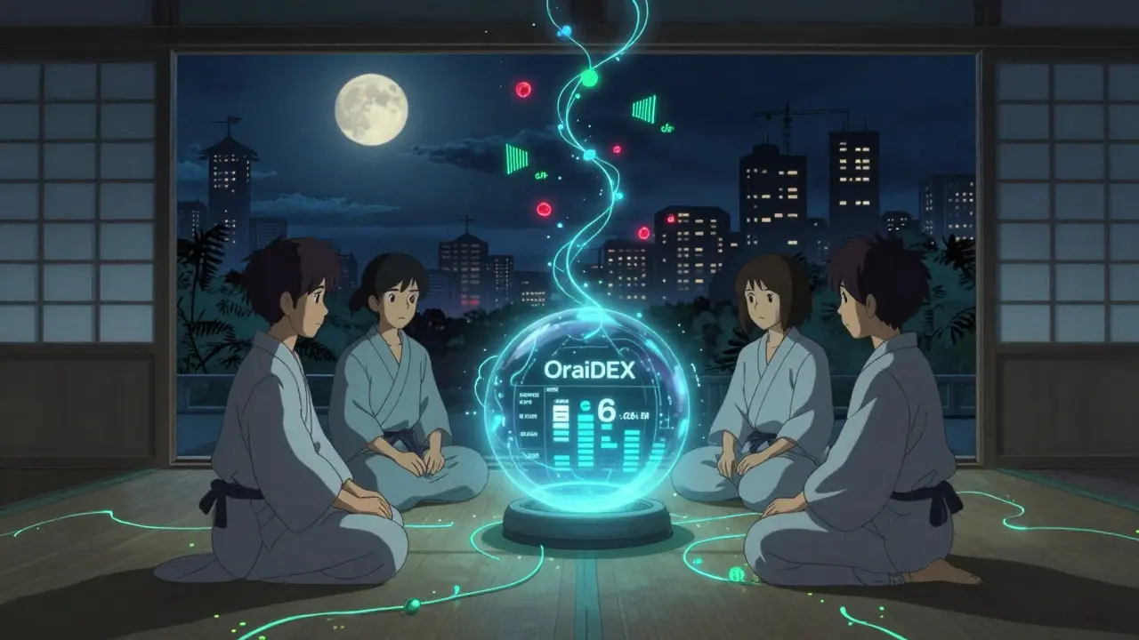 Traders meditate around a glowing AI orb, with data vines revealing reliable and risky trades at night.